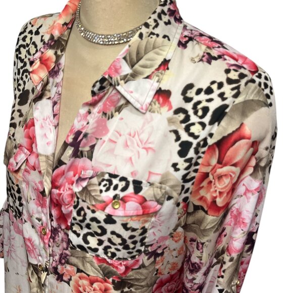 DRESSBARN Blouse Size Large Leopard Print Floral Button Down Long Length Pretty - Picture 3 of 9